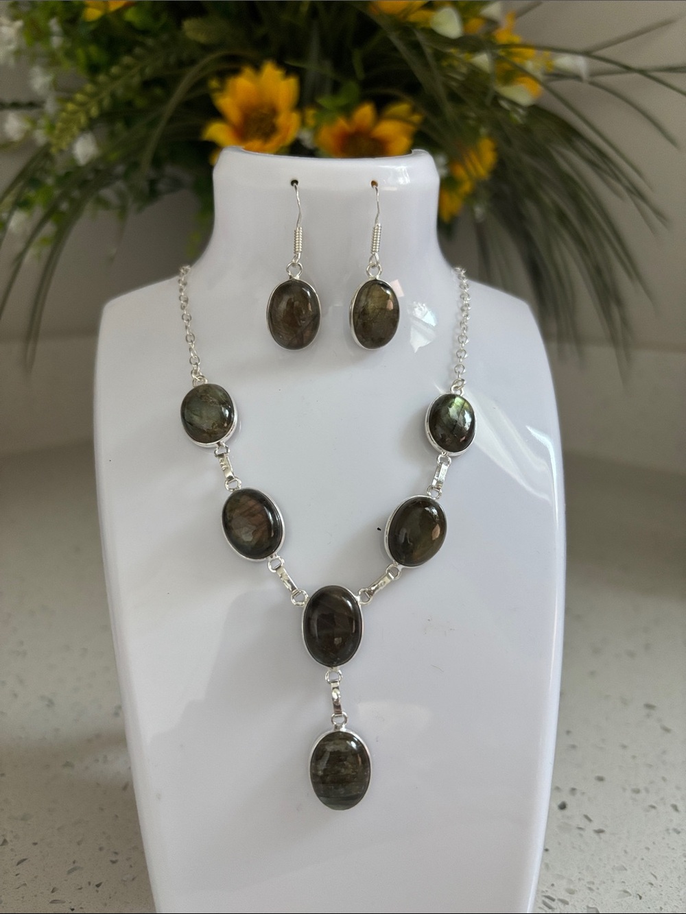 Labradorite Oval Pendant Necklace and Earring Set - Silver Tone